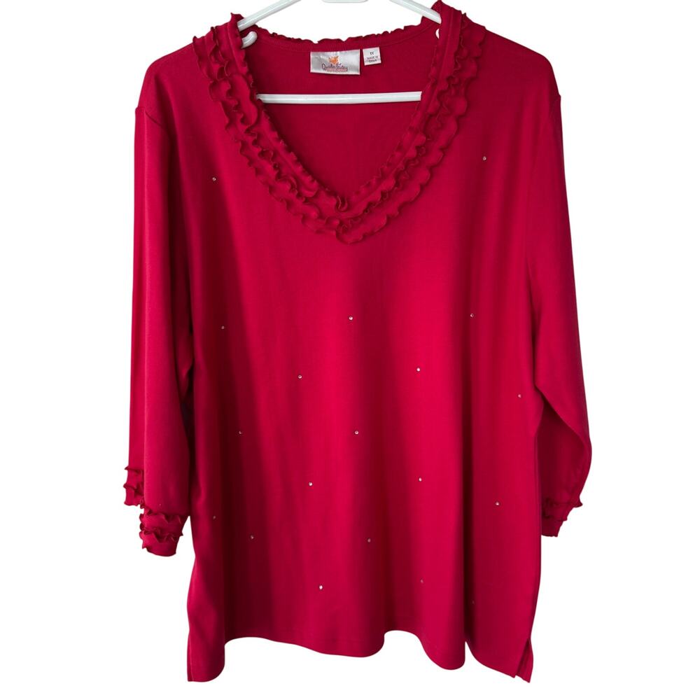 Quacker Factory women's red V-neck top ruffles rhinestones Size 1X